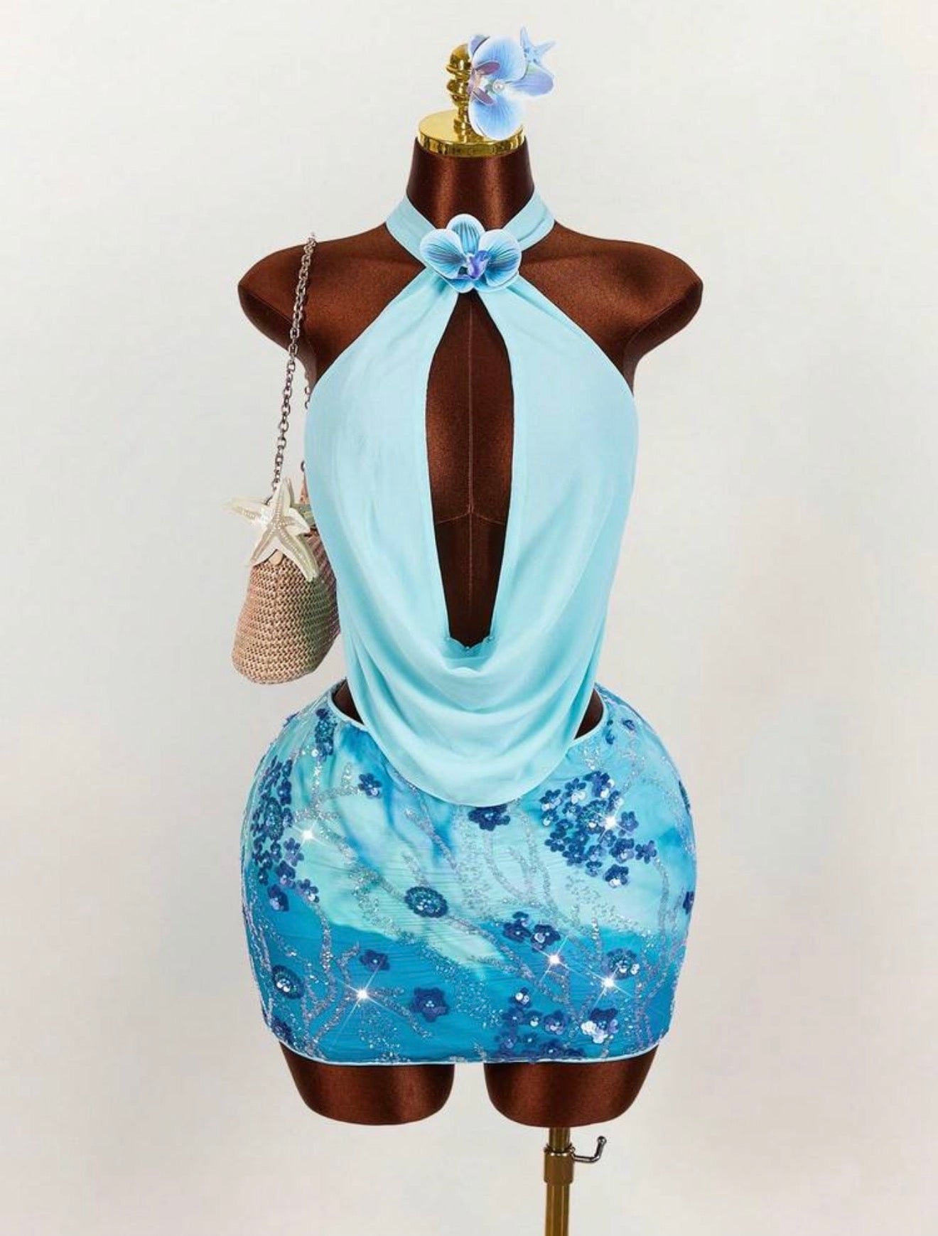 Aqua Orchid Keyhole Halter Mini Dress - Chanel’s Fashion Boutique Inc.