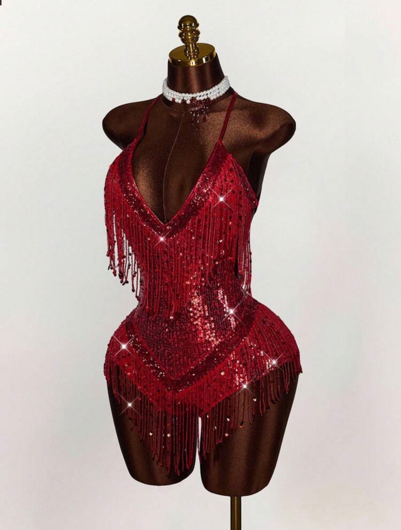 Crimson Sequin Fringe Halter Dress - Chanel’s Fashion Boutique Inc.