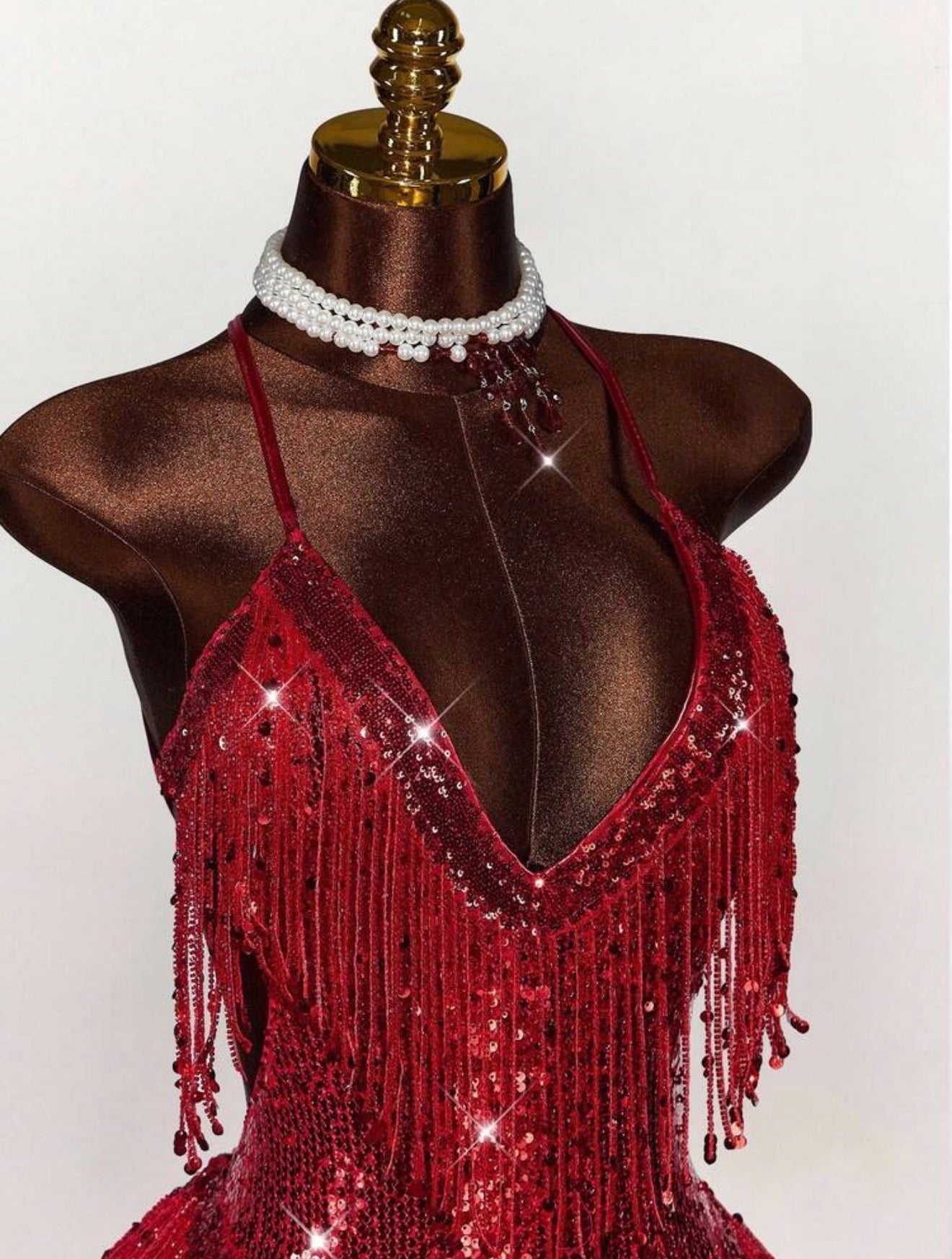 Crimson Sequin Fringe Halter Dress - Chanel’s Fashion Boutique Inc.