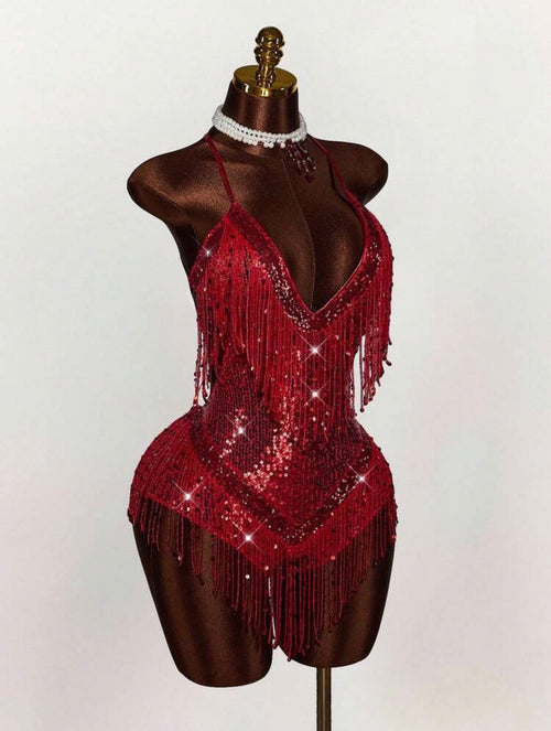 Crimson Sequin Fringe Halter Dress - Chanel’s Fashion Boutique Inc.