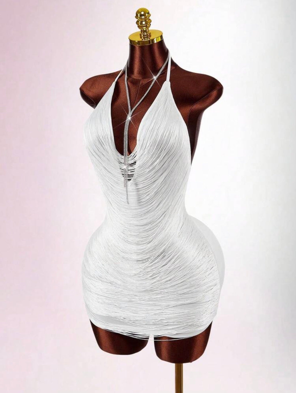 Ivory Cascade Fringe Crystal Halter Mini Dress - Chanel’s Fashion Boutique Inc.