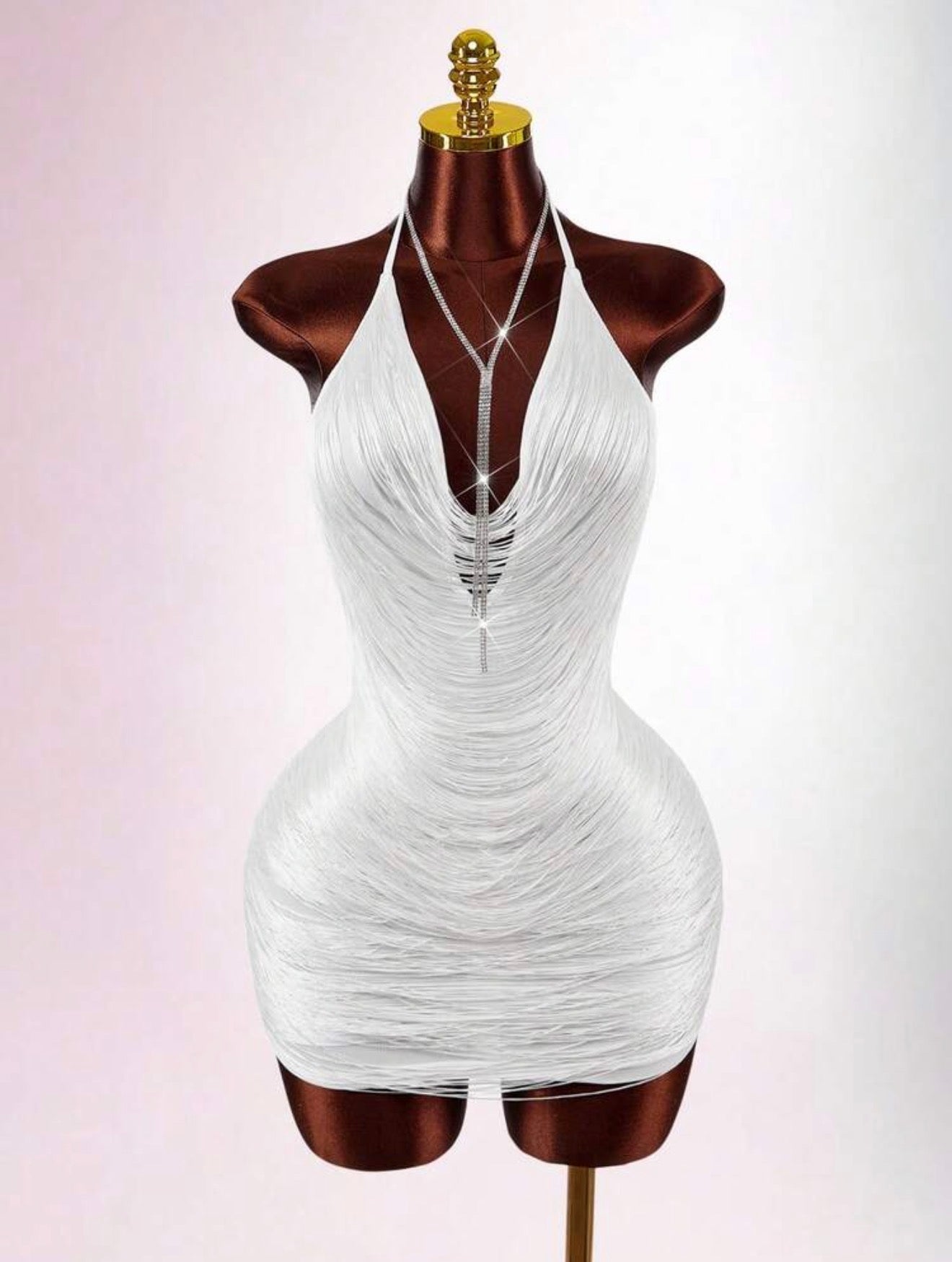 Ivory Cascade Fringe Crystal Halter Mini Dress - Chanel’s Fashion Boutique Inc.