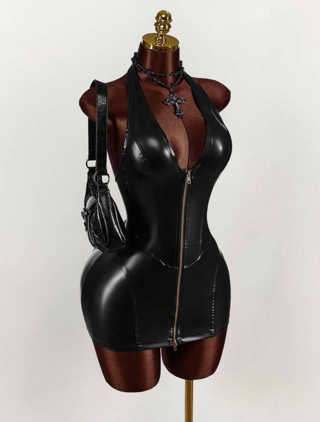 Noir Latex Zip - Front Halter Mini Dress - Chanel’s Fashion Boutique Inc.