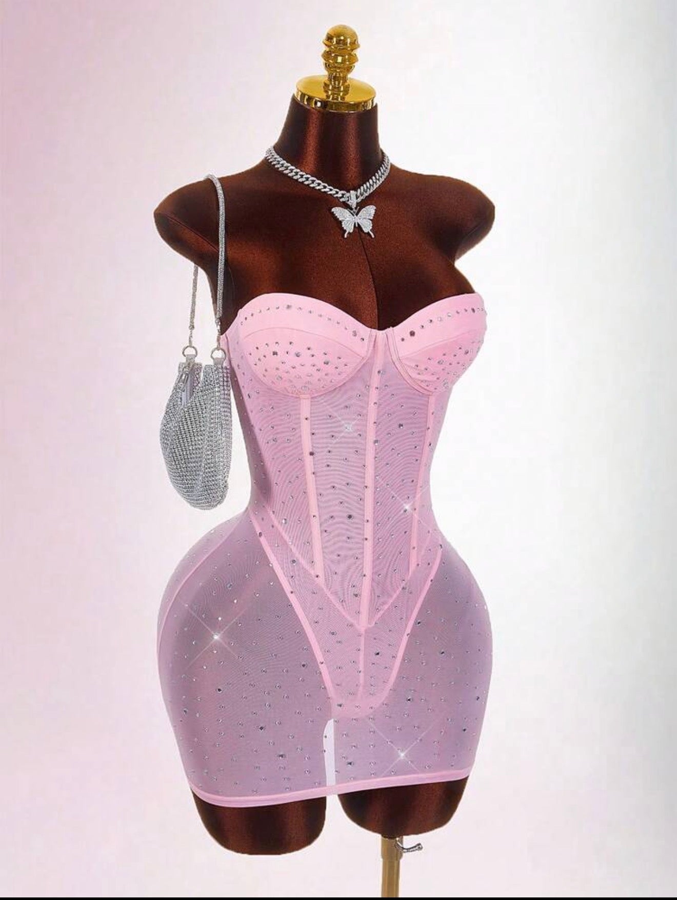 Rosé Crystal Mesh Corset Mini Dress - Chanel’s Fashion Boutique Inc.