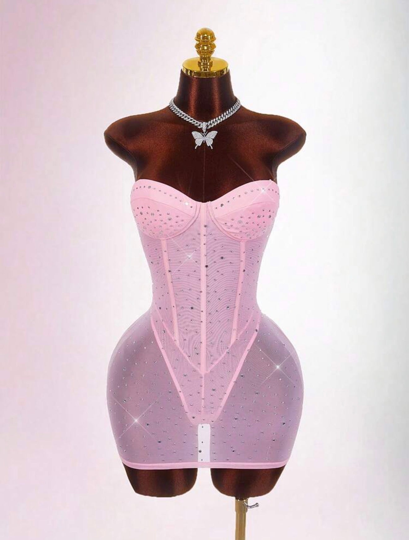 Rosé Crystal Mesh Corset Mini Dress - Chanel’s Fashion Boutique Inc.