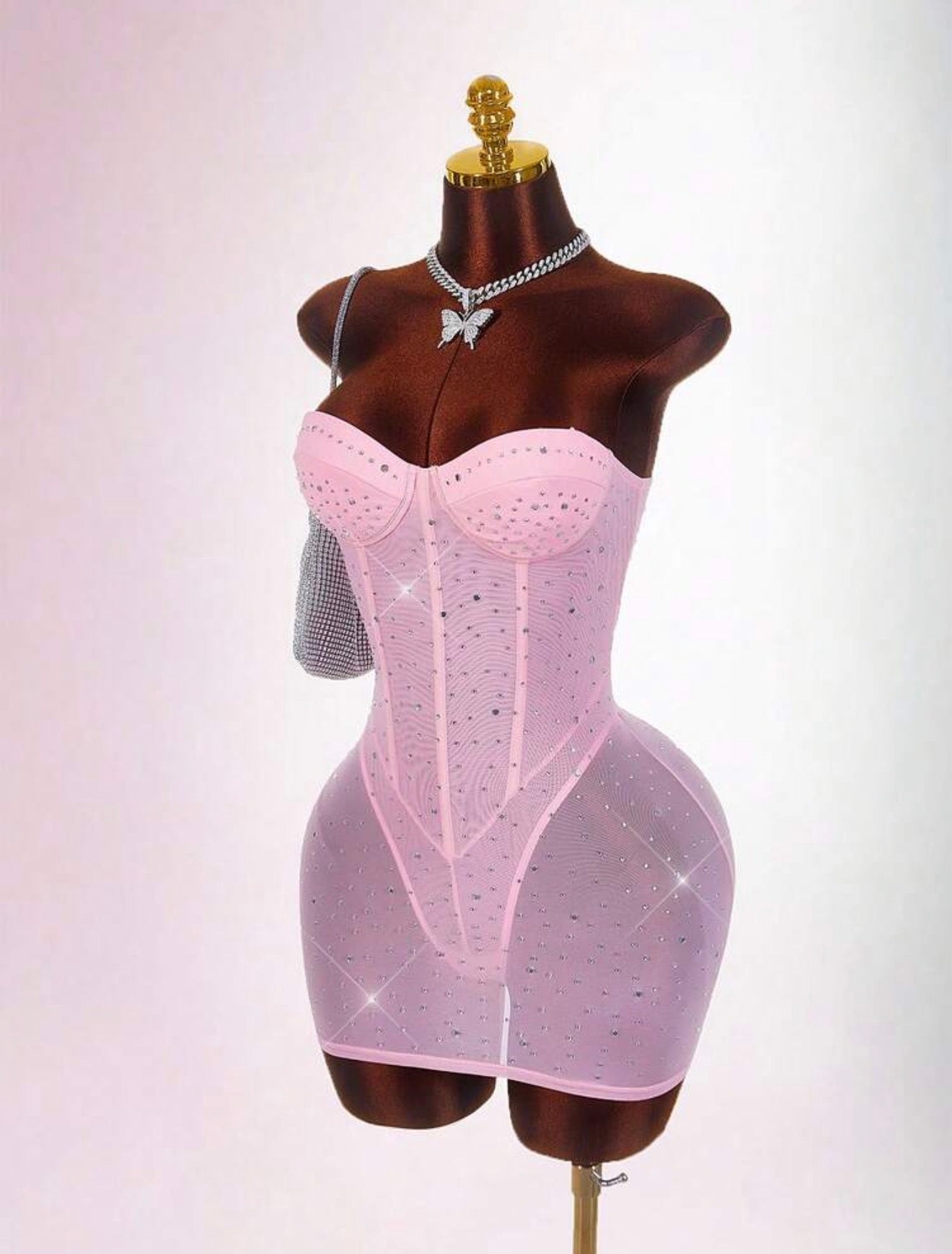 Rosé Crystal Mesh Corset Mini Dress - Chanel’s Fashion Boutique Inc.
