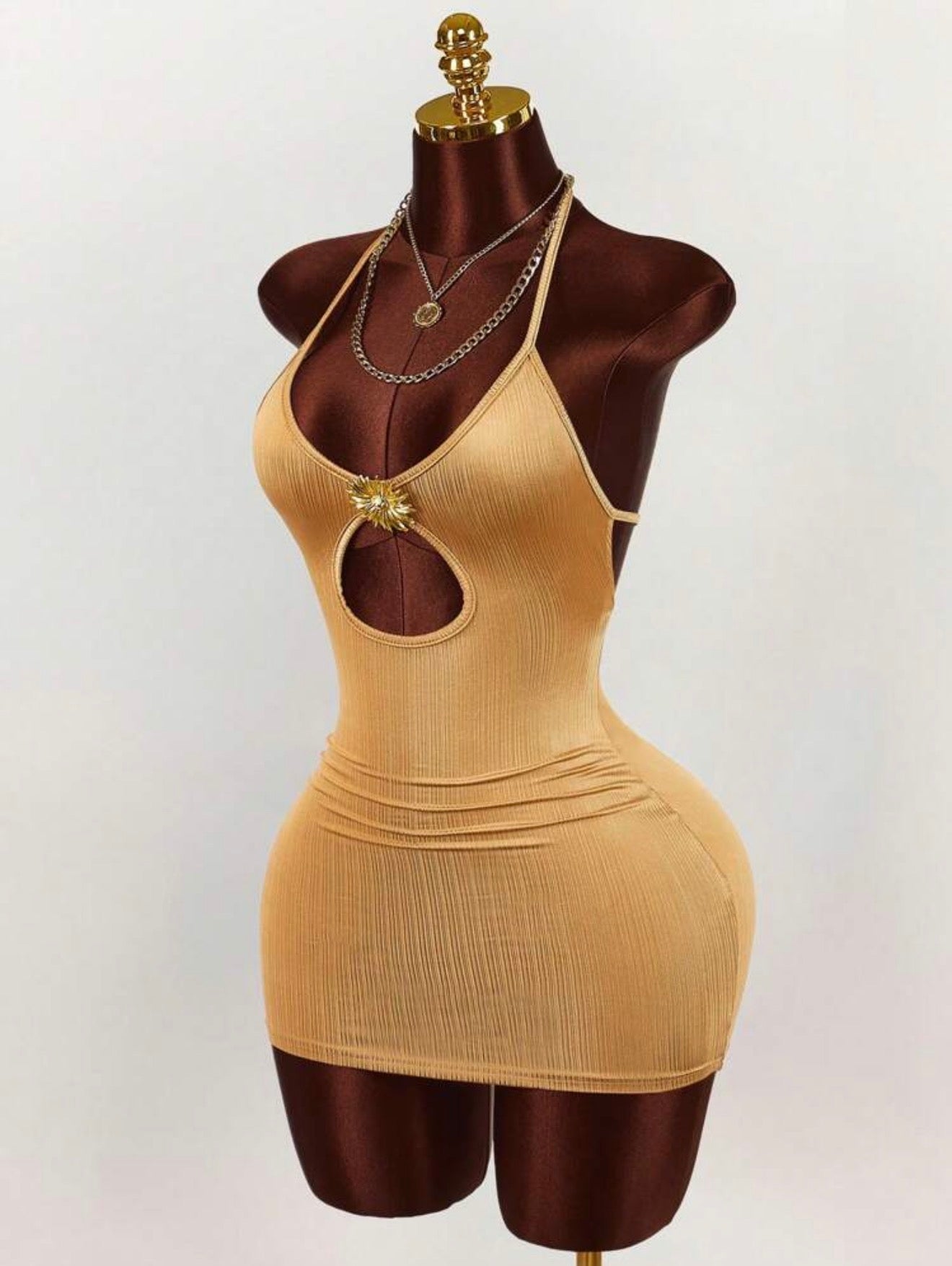 Soleil Gold Sunburst Cutout Ribbed Mini Dress - Chanel’s Fashion Boutique Inc.