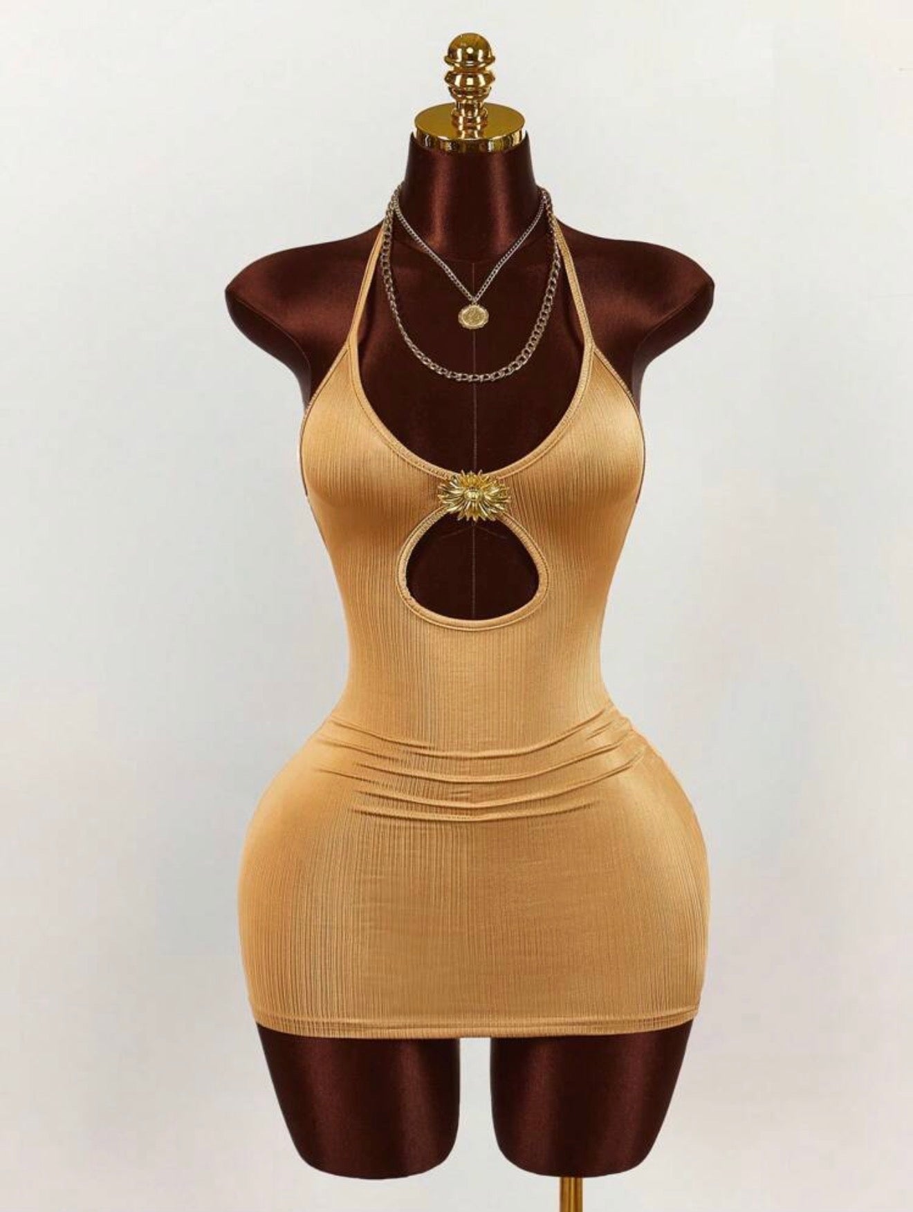 Soleil Gold Sunburst Cutout Ribbed Mini Dress - Chanel’s Fashion Boutique Inc.