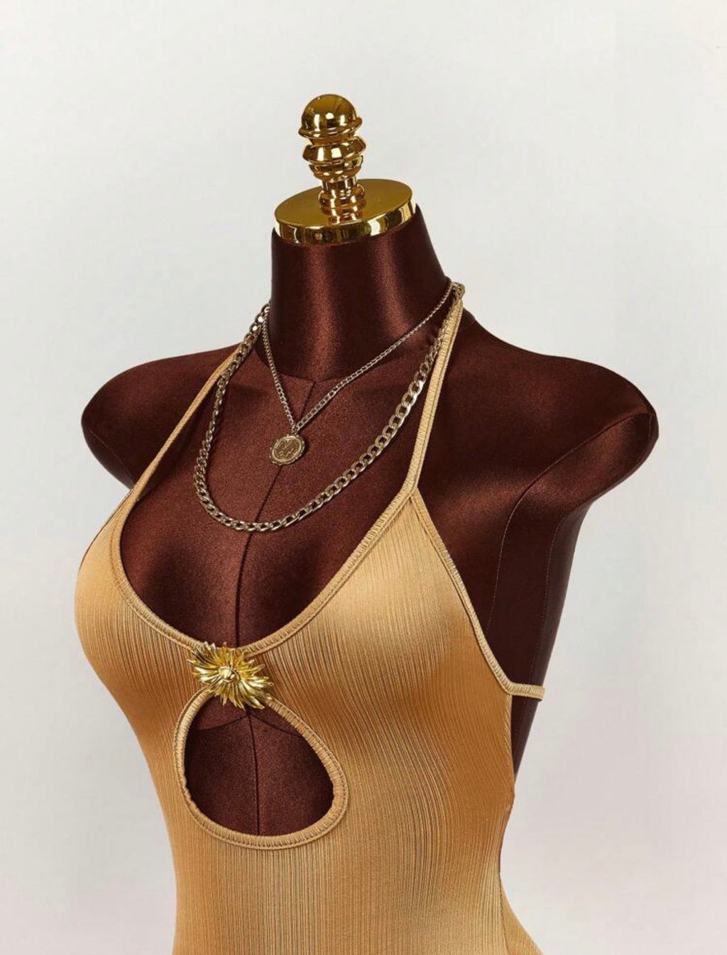Soleil Gold Sunburst Cutout Ribbed Mini Dress - Chanel’s Fashion Boutique Inc.